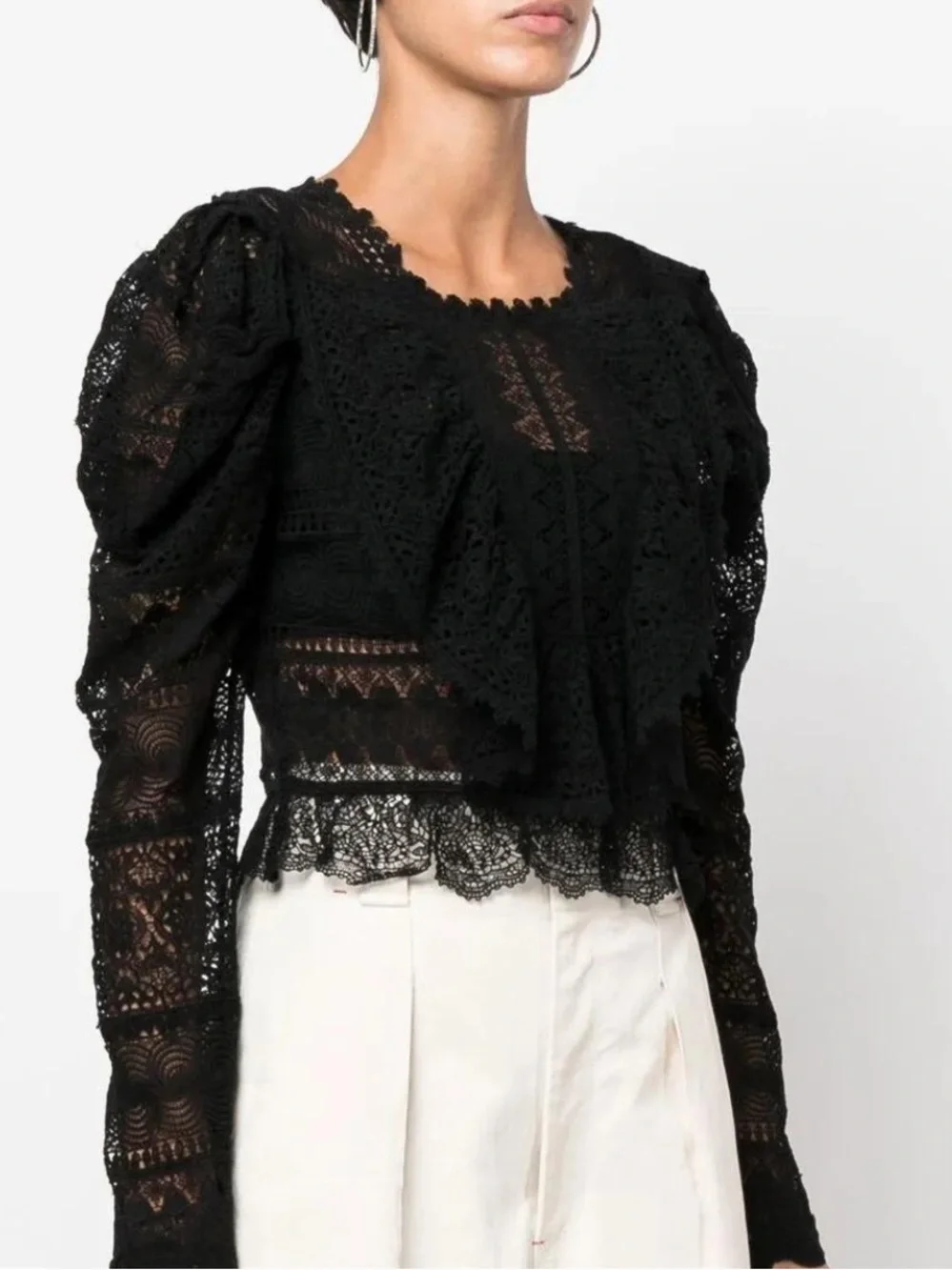 NWT Ulla Johnson Women's Black Eloise Puff Sleeve Lace Silk Blouse $650